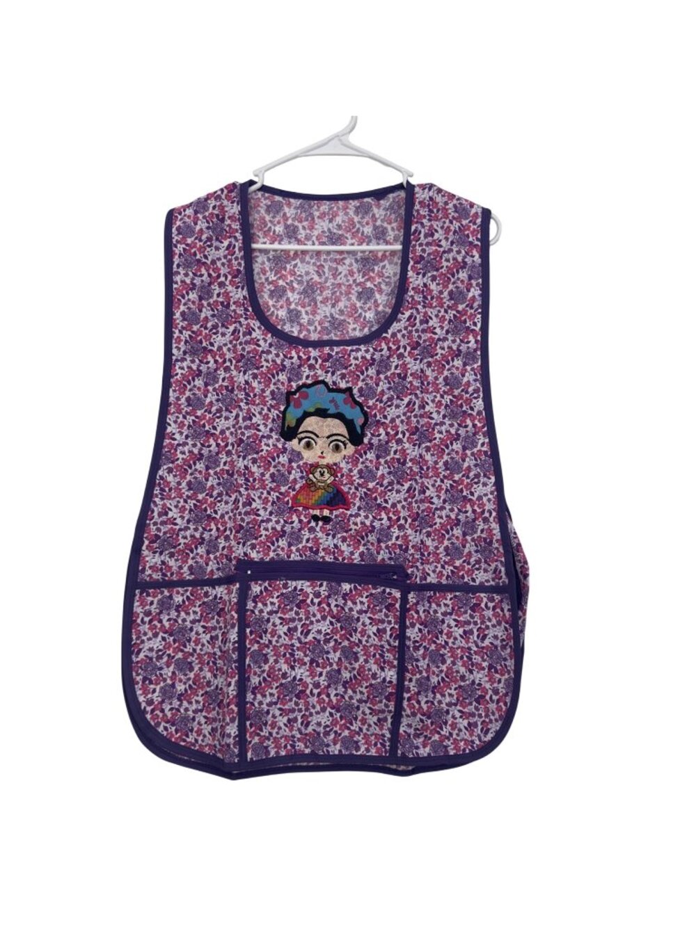 Floral Kitchen Apron With Frida Embroidery & Pockets Purple & Pink Adjustable Ti